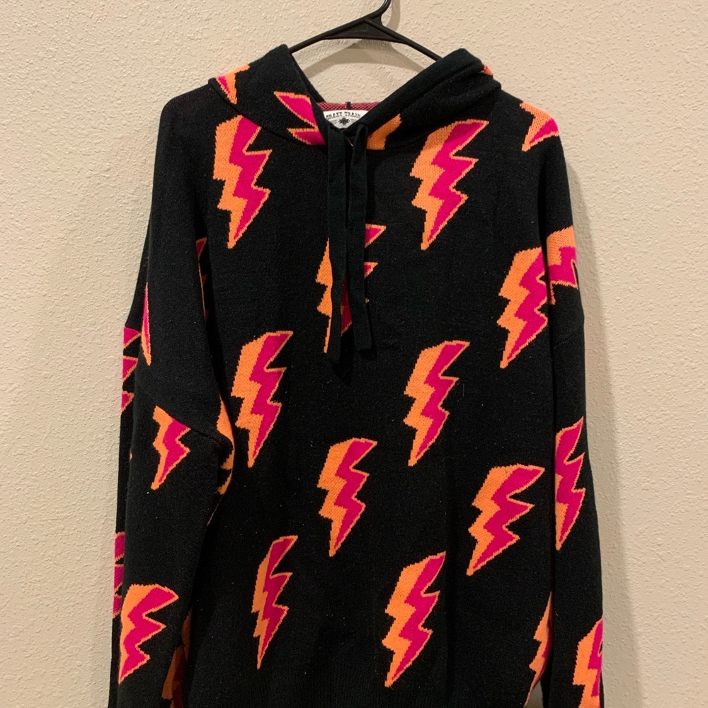Crazy Train Black Sweater with Orange and Pink Lightning Bolts